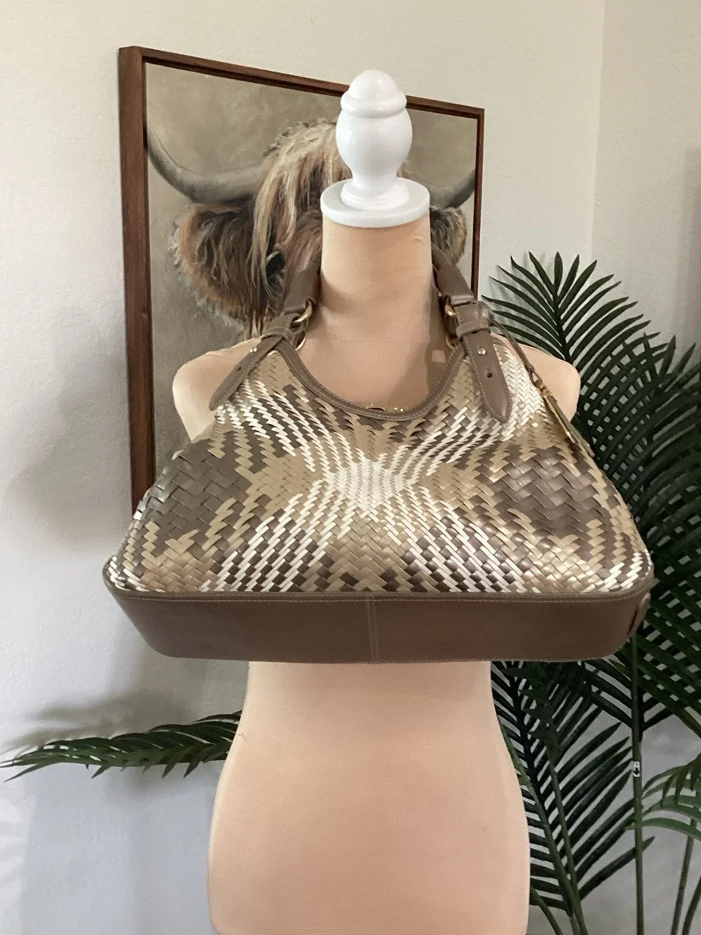 Cole Haan Woven Shoulder Bag in Taupe, Cream, and Brown